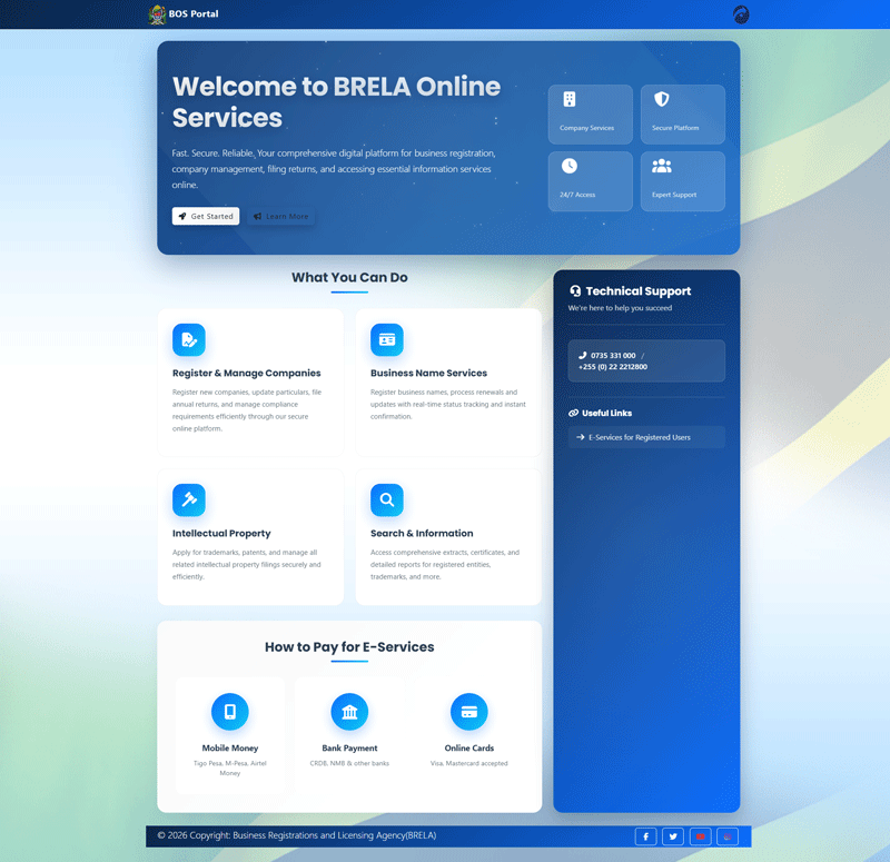 BRELA Online Services (BOS) initial page