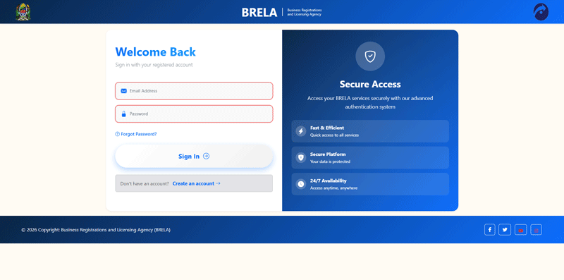 The login page for the BRELA Online Services (BOS) portal