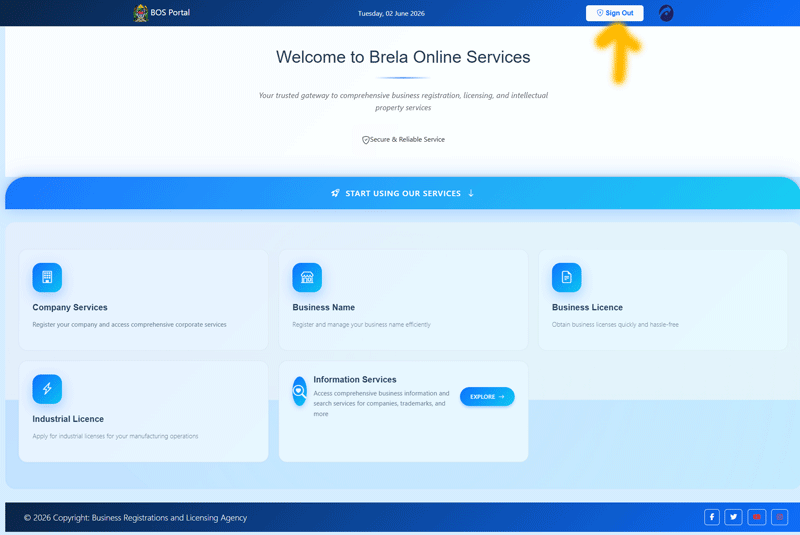 BRELA Online Services (BOS) User dashboard after a successful login.