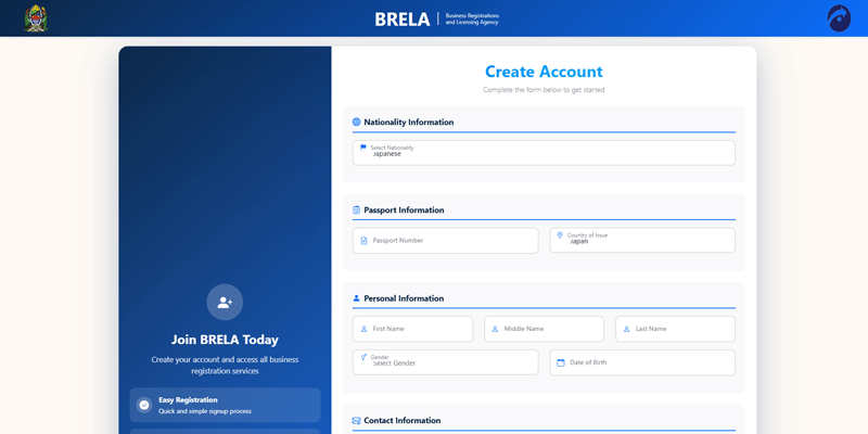 BRELA Online Services (BOS) Signup interface for foreign nationals.