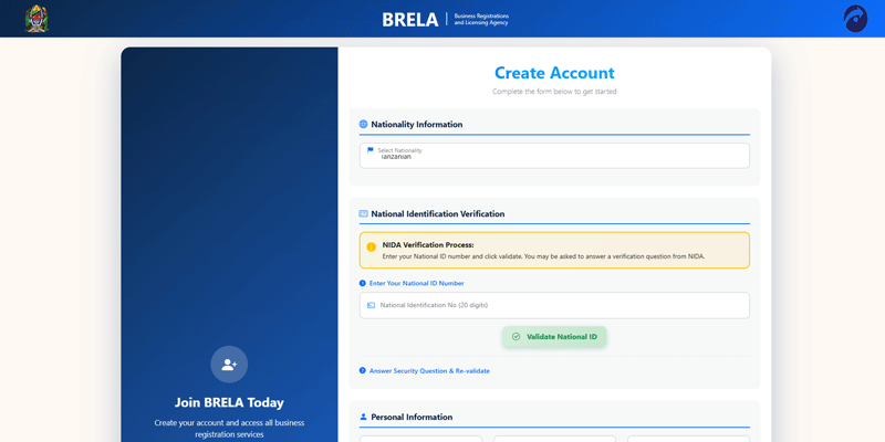 BRELA Online Services (BOS) Signup interface for Tanzanian citizens using NIDA NIN.